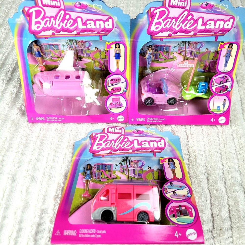 NIB Mattel Mini Barbie Land Playset Bundle Plane Car & RV BarbieLand Travel Size